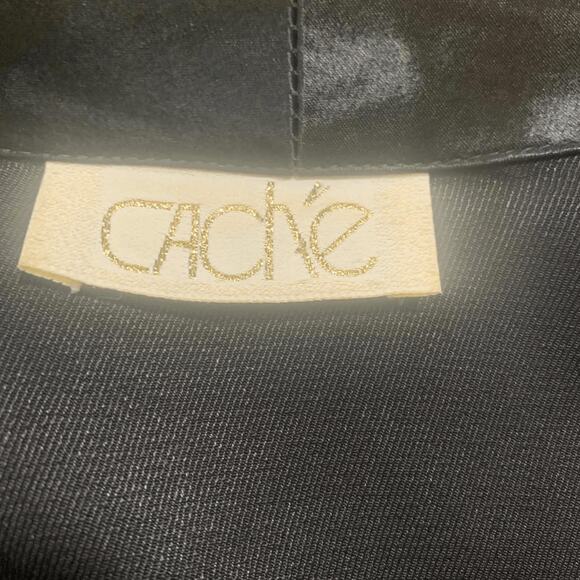 Vintage 90s Cache Black Duster Coat Gold Embroidered Satin Collar Size Medium - Picture 11 of 12